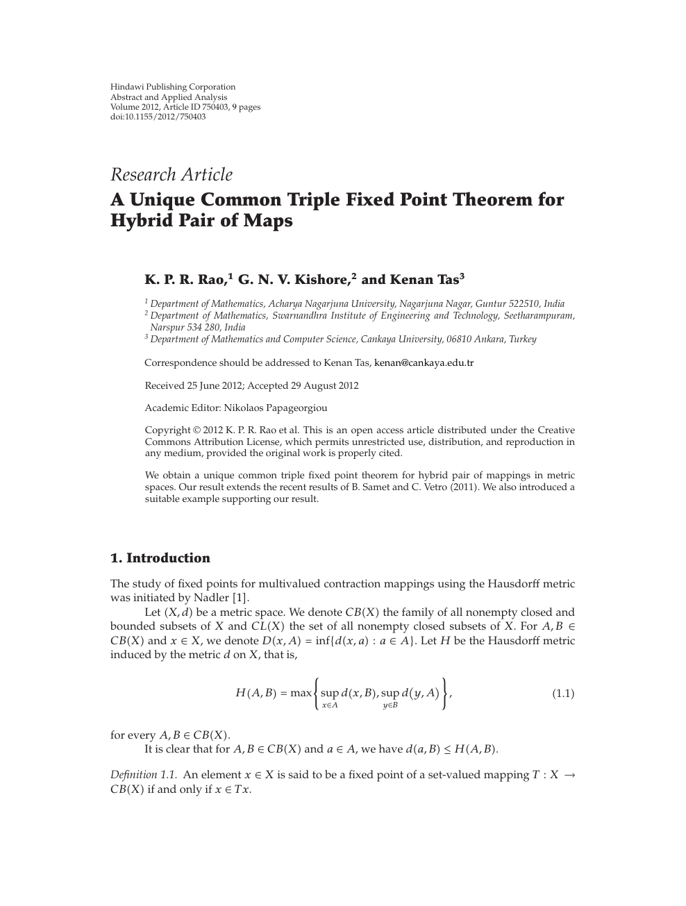A Unique Common Triple Fixed Point Theorem For Hybrid Pair Of Maps Topic Of Research Paper In Mathematics Download Scholarly Article Pdf And Read For Free On Cyberleninka Open Science Hub