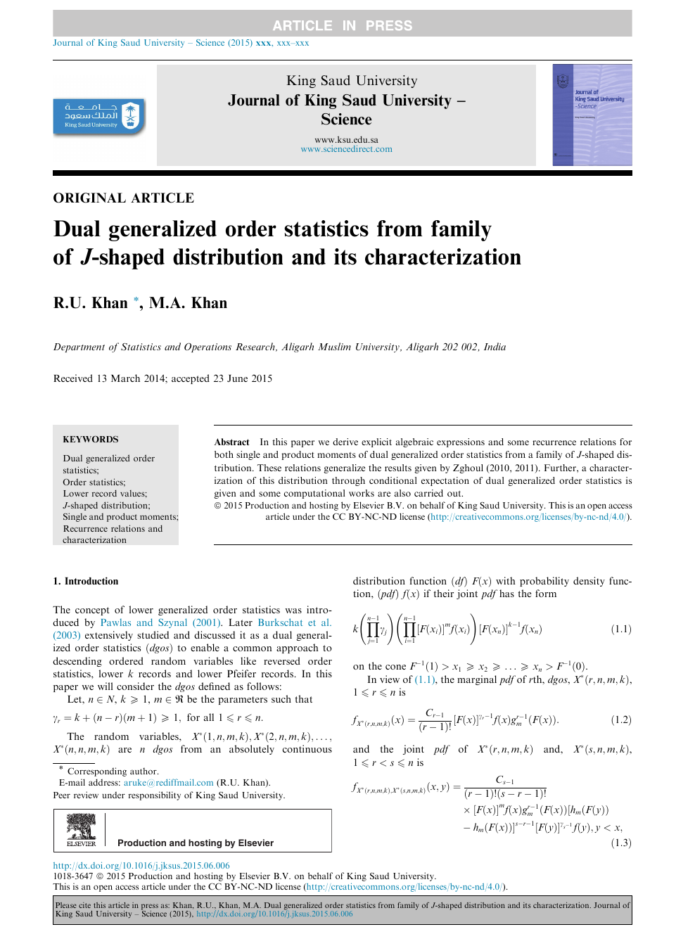 Dual Generalized Order Statistics From Family Of J Shaped Distribution And Its Characterization Topic Of Research Paper In Physical Sciences Download Scholarly Article Pdf And Read For Free On Cyberleninka Open Science