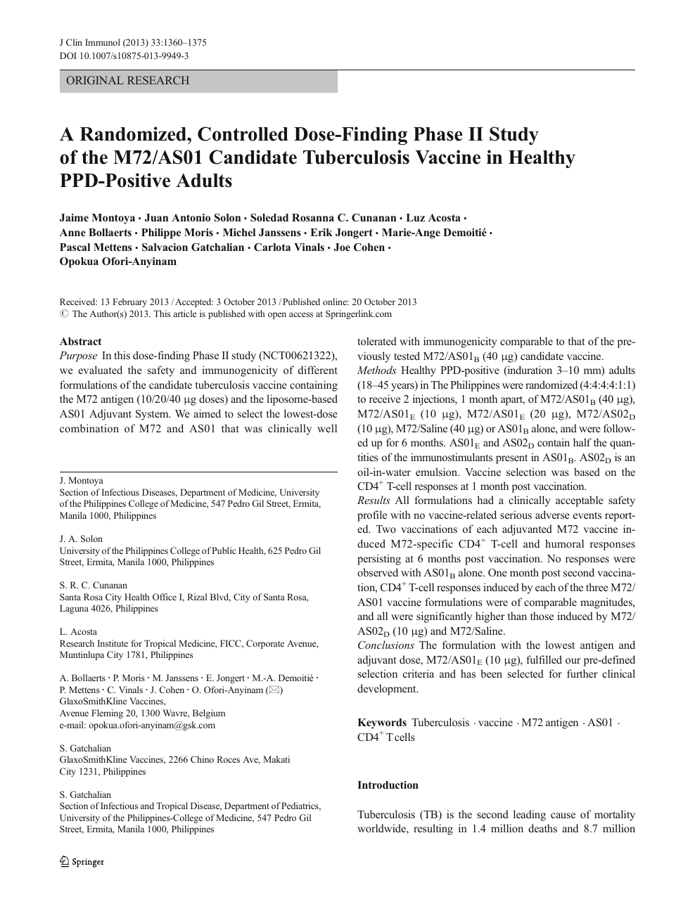 A Randomized Controlled Dose Finding Phase Ii Study Of The M72 As01 Candidate Tuberculosis Vaccine In Healthy Ppd Positive Adults Topic Of Research Paper In Biological Sciences Download Scholarly Article Pdf And Read For