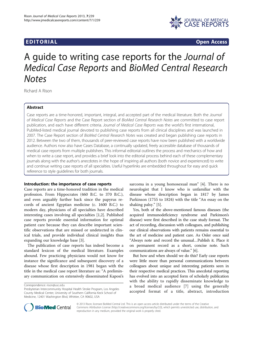 A guide to writing case reports for the Journal of Medical Case