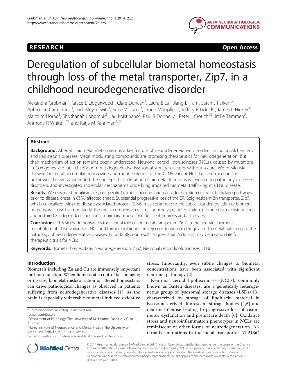 Deregulation Of Subcellular Biometal Homeostasis Through Loss Of The Metal Transporter Zip7 In A Childhood Neurodegenerative Disorder Topic Of Research Paper In Biological Sciences Download Scholarly Article Pdf And Read For