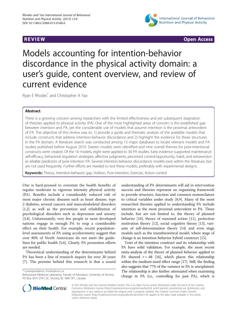 Models accounting for intention-behavior discordance in the physical activity user's guide, content overview, and review of current evidence topic of research paper in Psychology. scholarly article PDF and