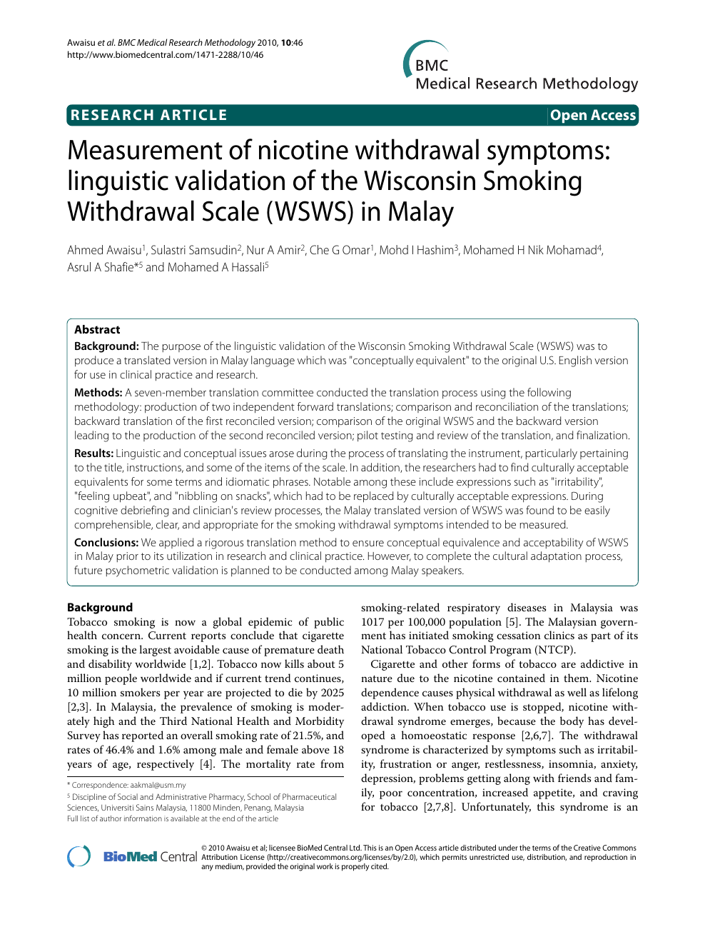Measurement Of Nicotine Withdrawal Symptoms Linguistic Validation Of The Wisconsin Smoking Withdrawal Scale Wsws In Malay Topic Of Research Paper In Psychology Download Scholarly Article Pdf And Read For Free On