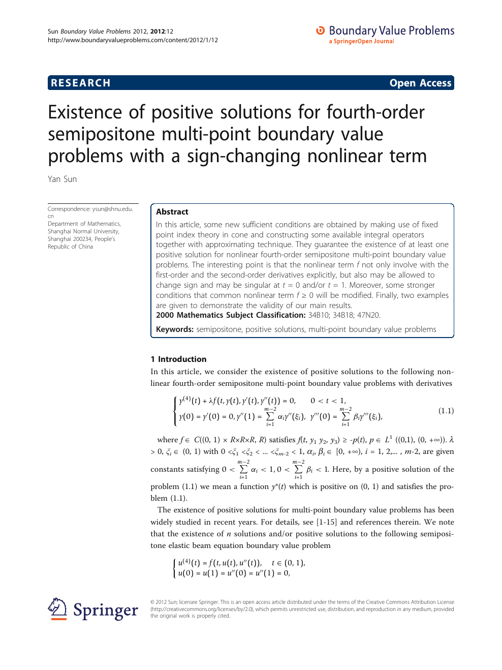 Existence Of Positive Solutions For Fourth Order Semipositone Multi Point Boundary Value Problems With A Sign Changing Nonlinear Term Topic Of Research Paper In Mathematics Download Scholarly Article Pdf And Read For Free On