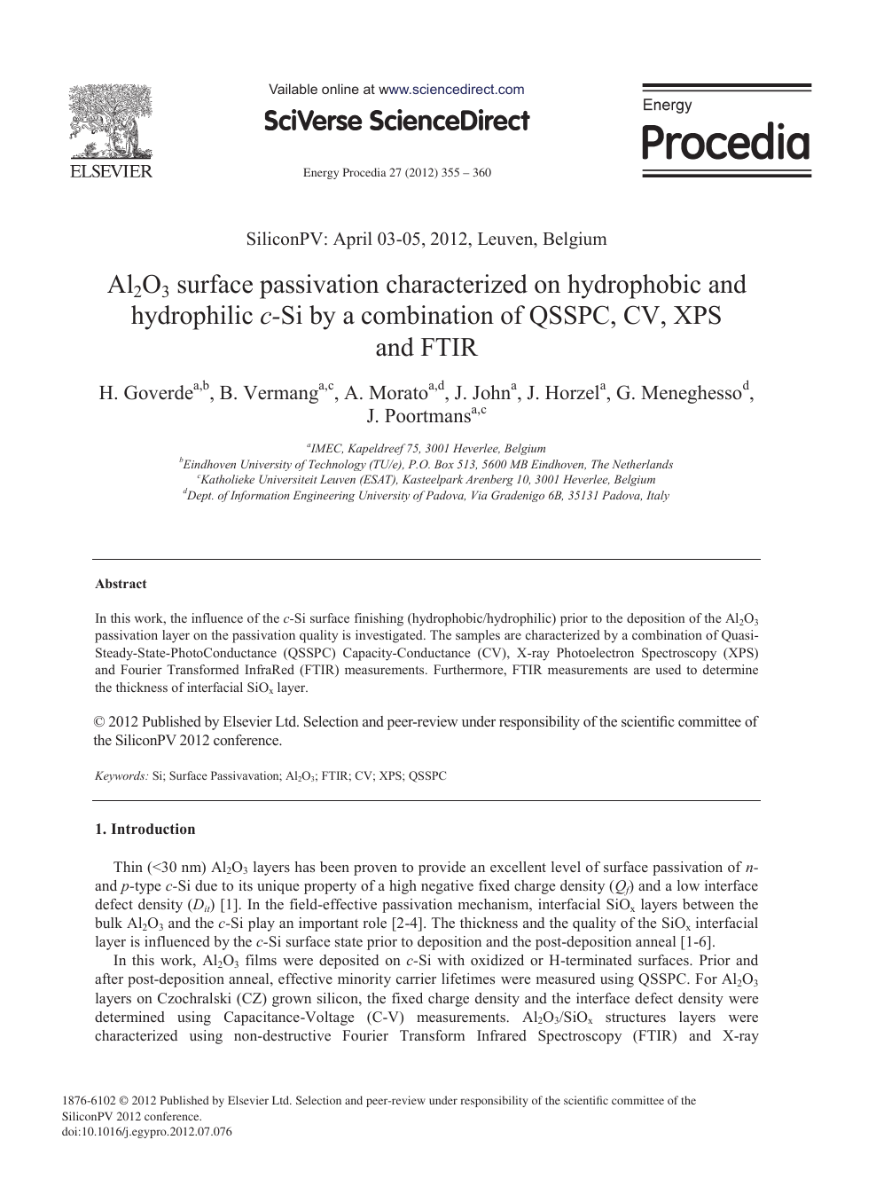 Al2o3 Surface Passivation Characterized On Hydrophobic And Hydrophilic C Si By A Combination Of Qsspc Cv Xps And Ftir Topic Of Research Paper In Materials Engineering Download Scholarly Article Pdf And Read