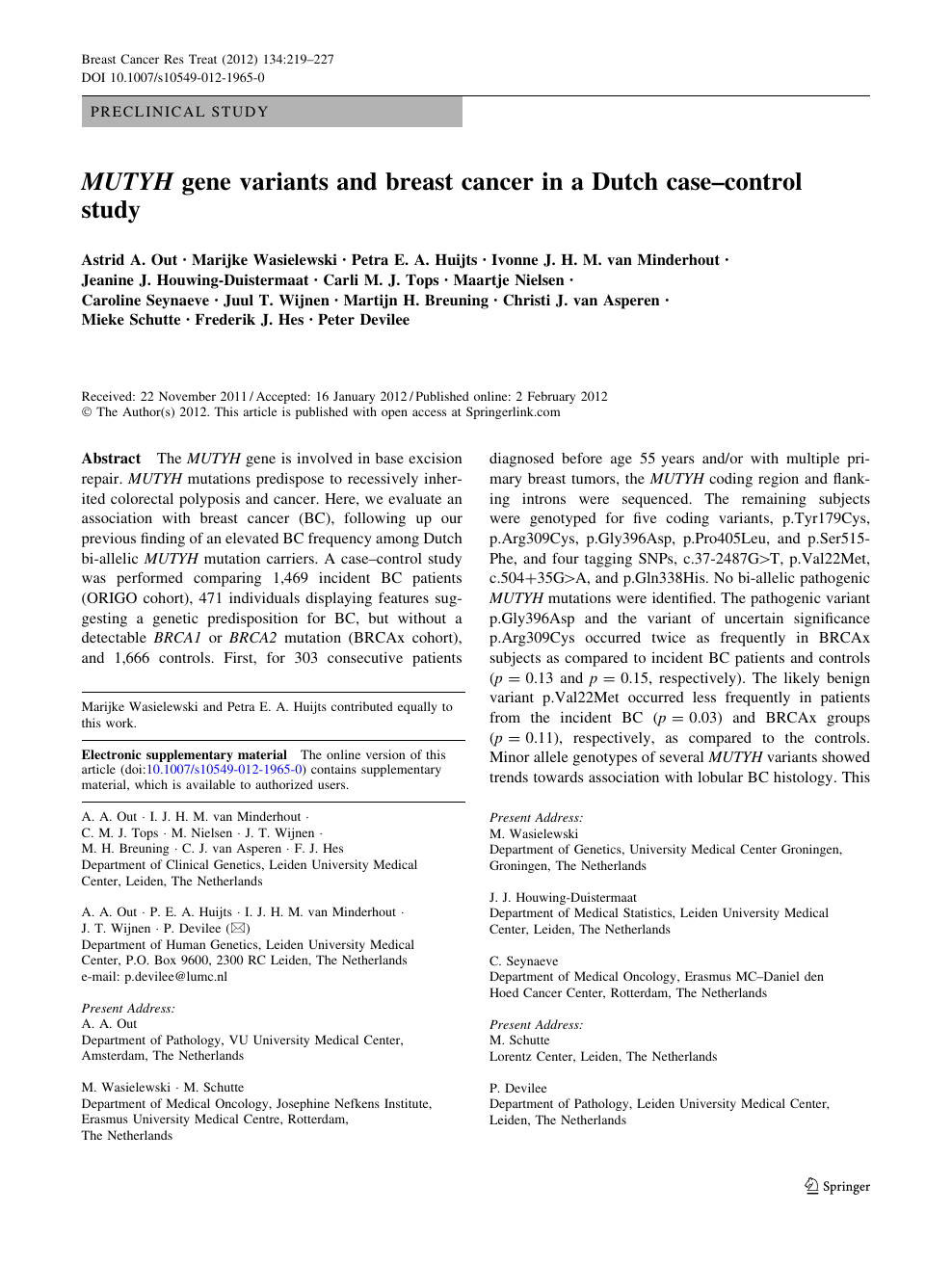 Mutyh Gene Variants And Breast Cancer In A Dutch Case Control Study Topic Of Research Paper In Biological Sciences Download Scholarly Article Pdf And Read For Free On Cyberleninka Open Science Hub