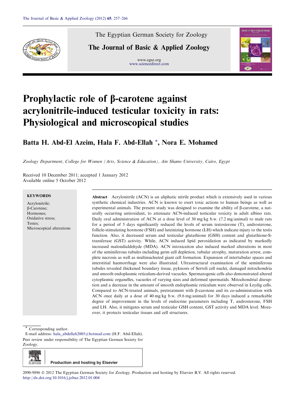 Prophylactic Role Of B Carotene Against Acrylonitrile Induced Testicular Toxicity In Rats Physiological And Microscopical Studies Topic Of Research Paper In Biological Sciences Download Scholarly Article Pdf And Read For Free On Cyberleninka