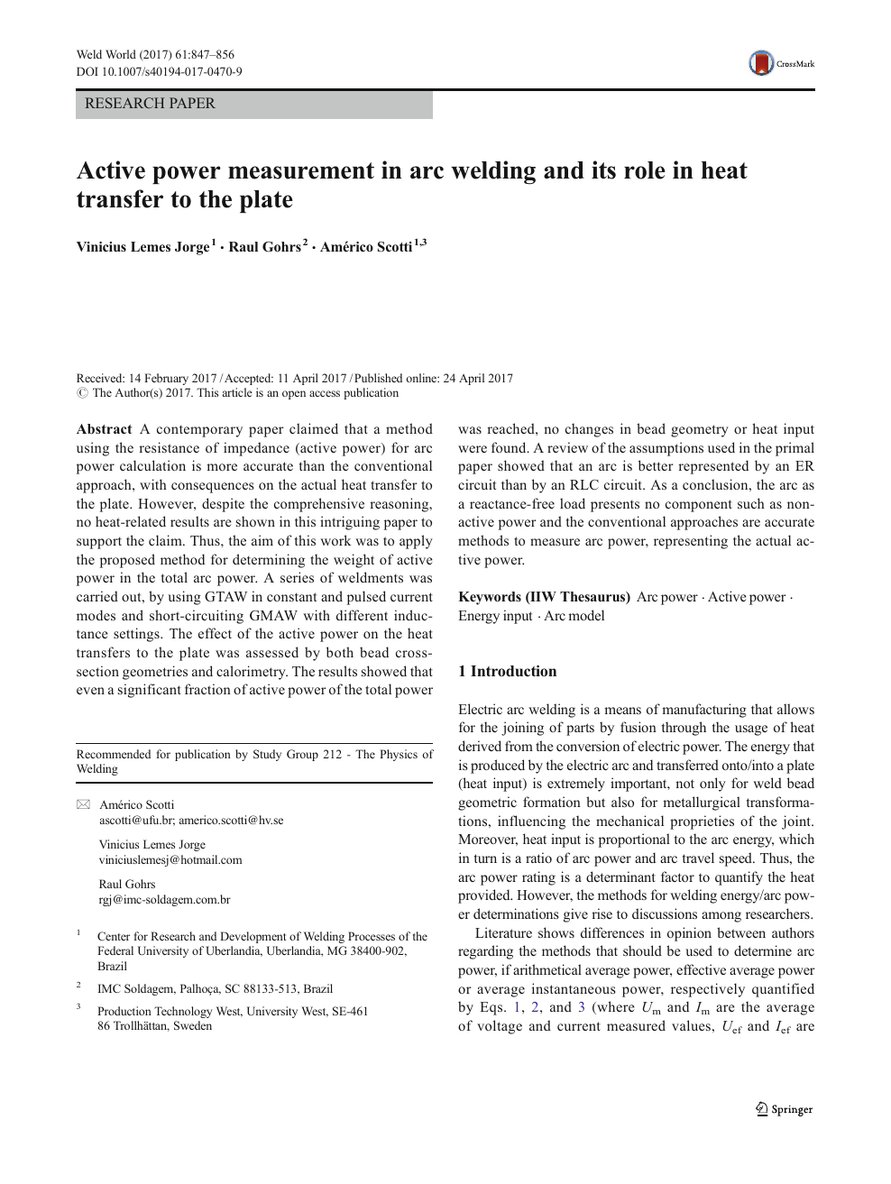 Active power measurement in arc welding and its role in heat 