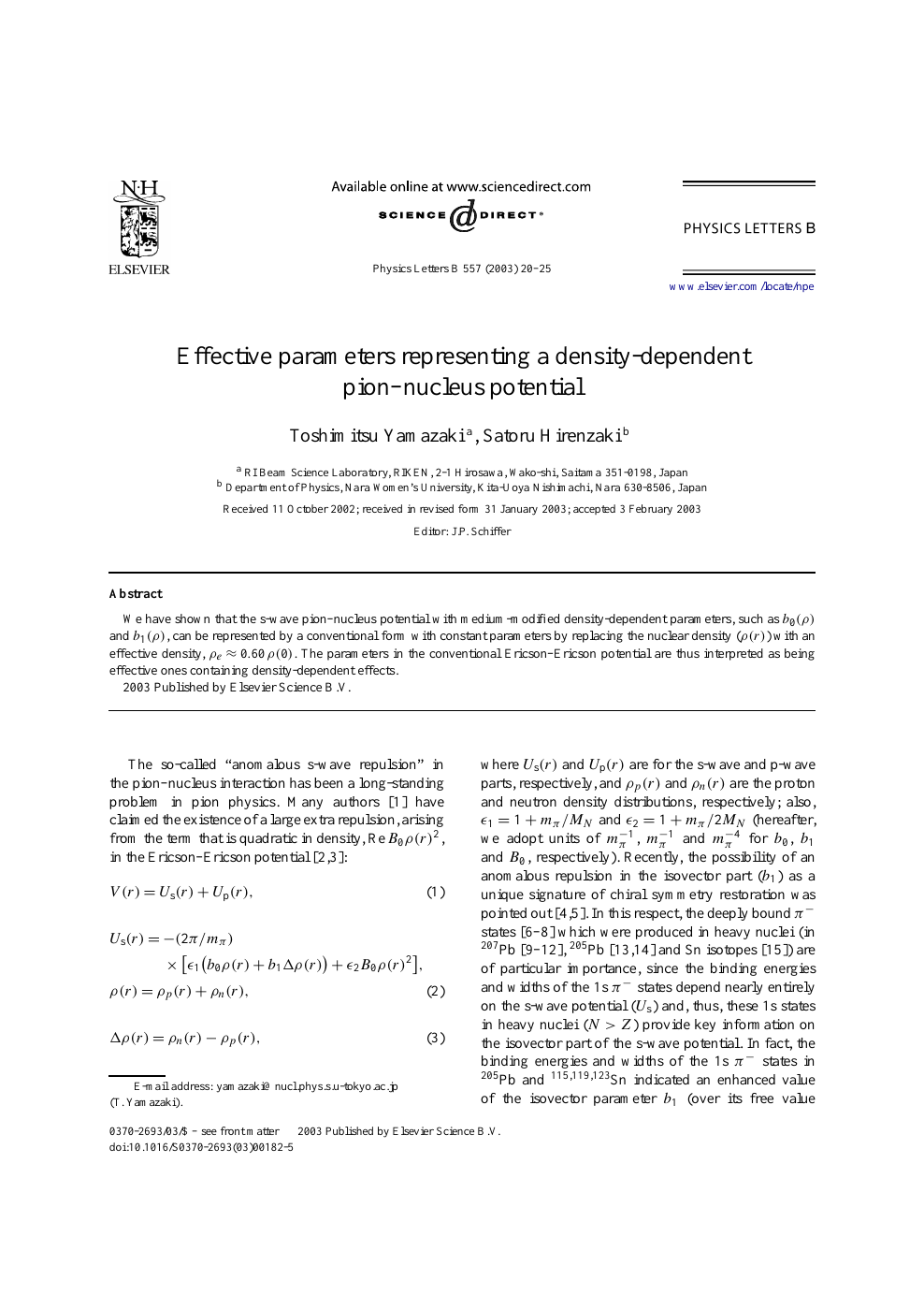 Effective Parameters Representing A Density Dependent Pion Nucleus Potential Topic Of Research Paper In Physical Sciences Download Scholarly Article Pdf And Read For Free On Cyberleninka Open Science Hub