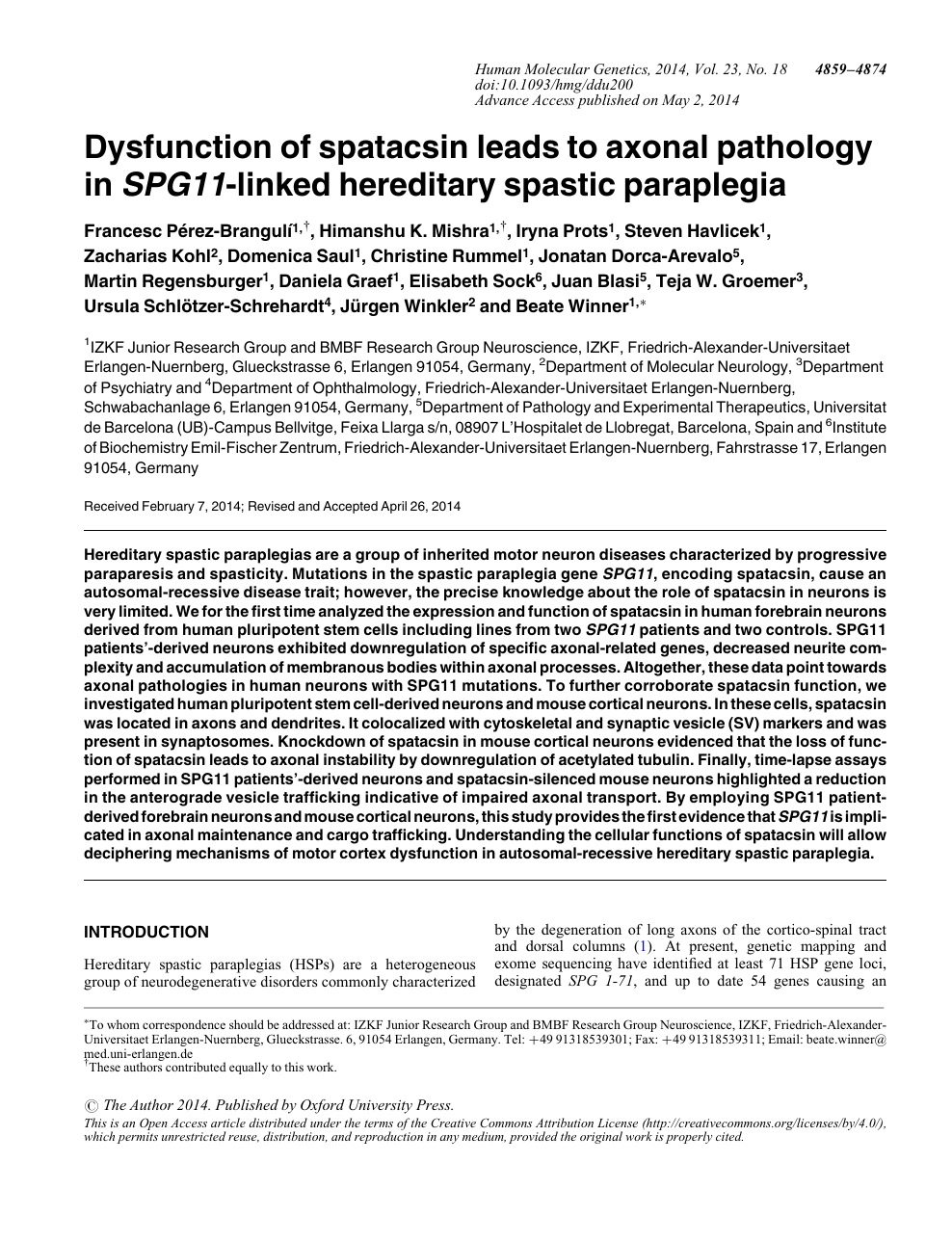 Dysfunction Of Spatacsin Leads To Axonal Pathology In Spg11 Linked Hereditary Spastic Paraplegia Topic Of Research Paper In Biological Sciences Download Scholarly Article Pdf And Read For Free On Cyberleninka Open Science
