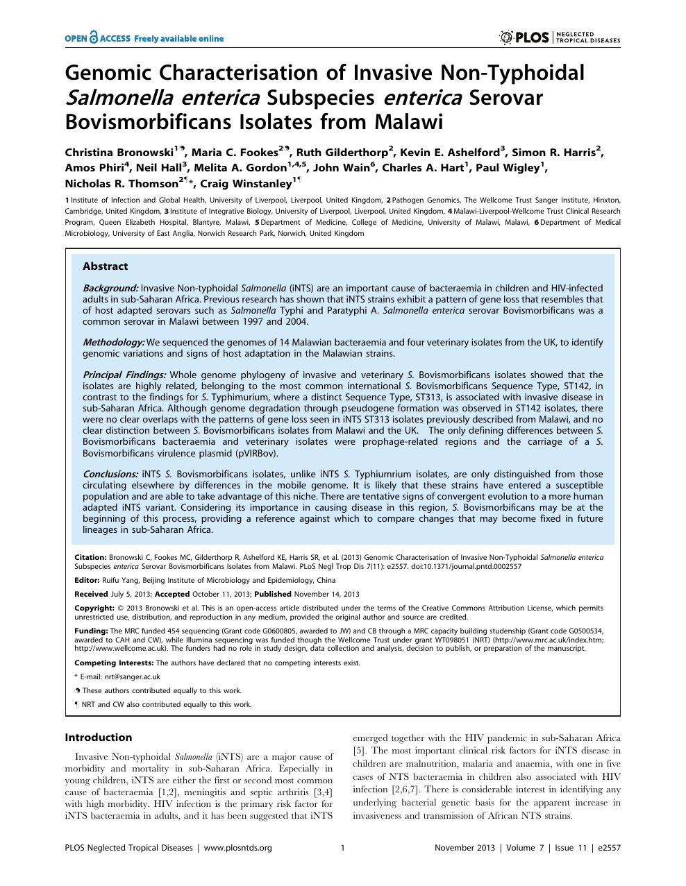 Genomic Characterisation of Invasive Non-Typhoidal Salmonella