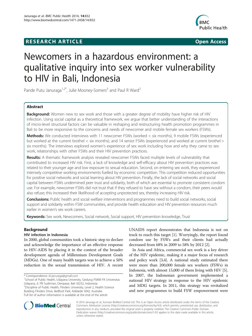 Newcomers in a hazardous environment a qualitative inquiry into sex worker vulnerability to HIV in Bali, Indonesia