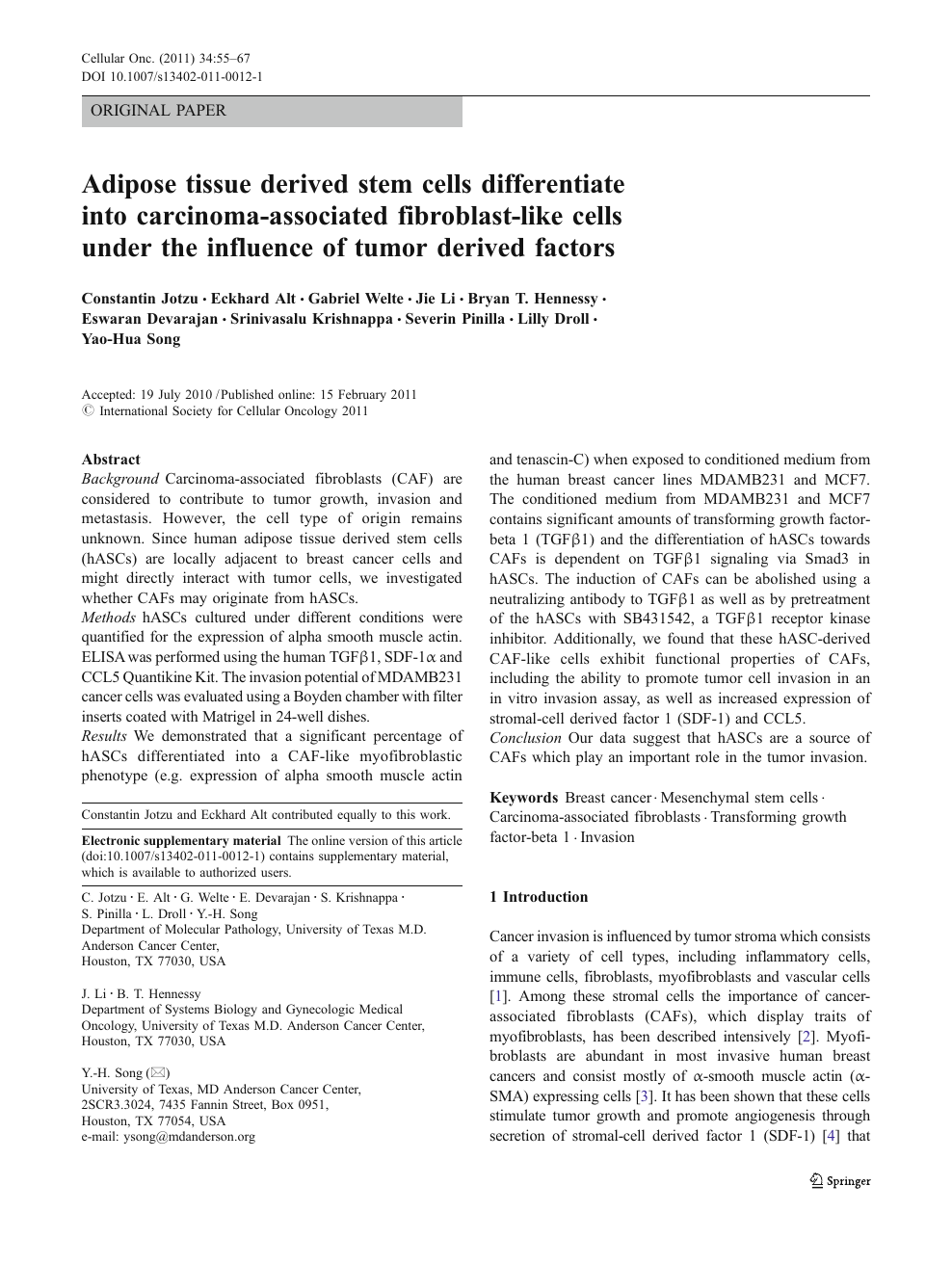 Adipose Tissue Derived Stem Cells Differentiate Into Carcinoma Associated Fibroblast Like Cells Under The Influence Of Tumor Derived Factors Topic Of Research Paper In Biological Sciences Download Scholarly Article Pdf And Read For