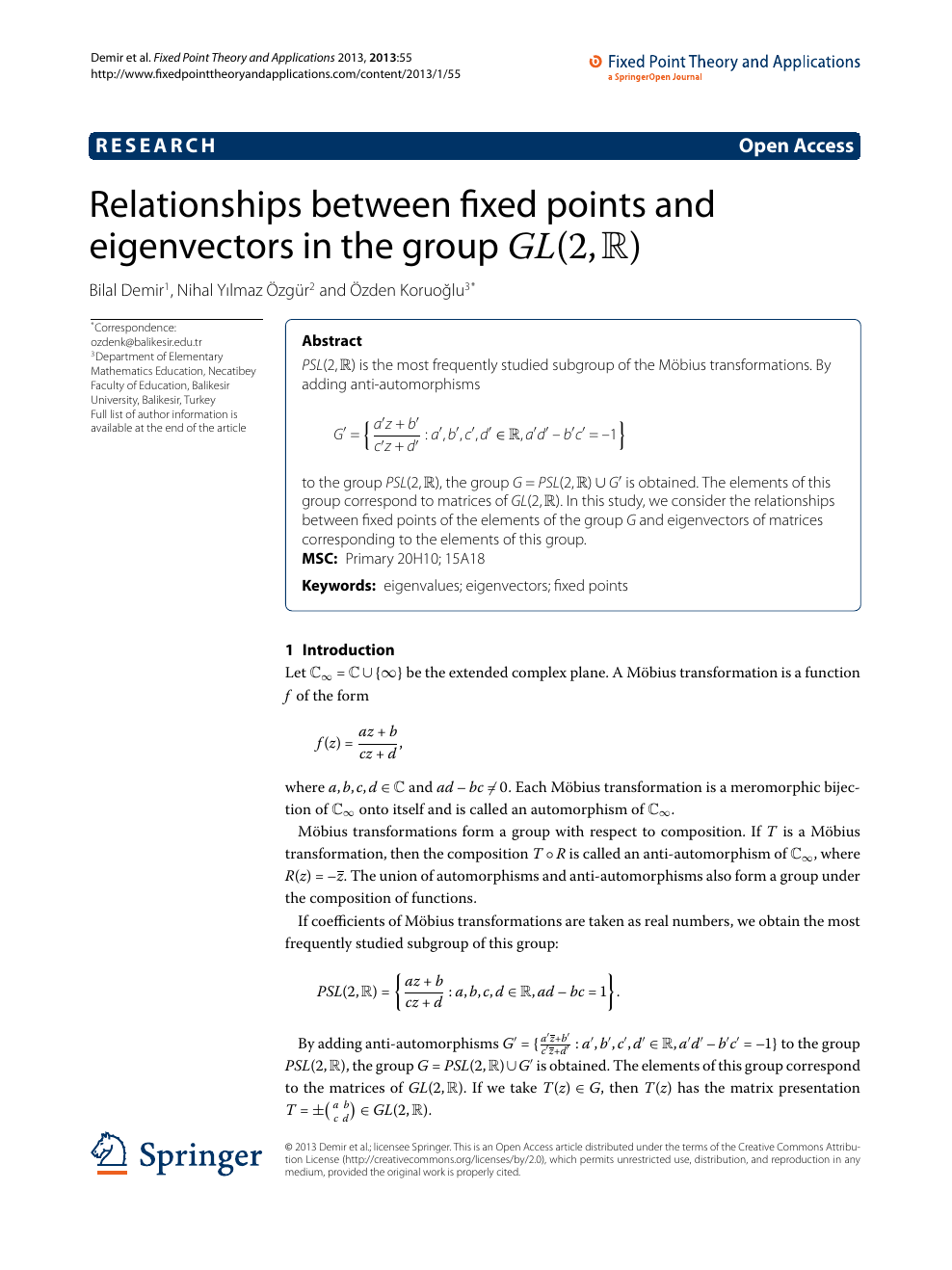 Relationships Between Fixed Points And Eigenvectors In The Group Gl 2 R Topic Of Research Paper In Mathematics Download Scholarly Article Pdf And Read For Free On Cyberleninka Open Science Hub