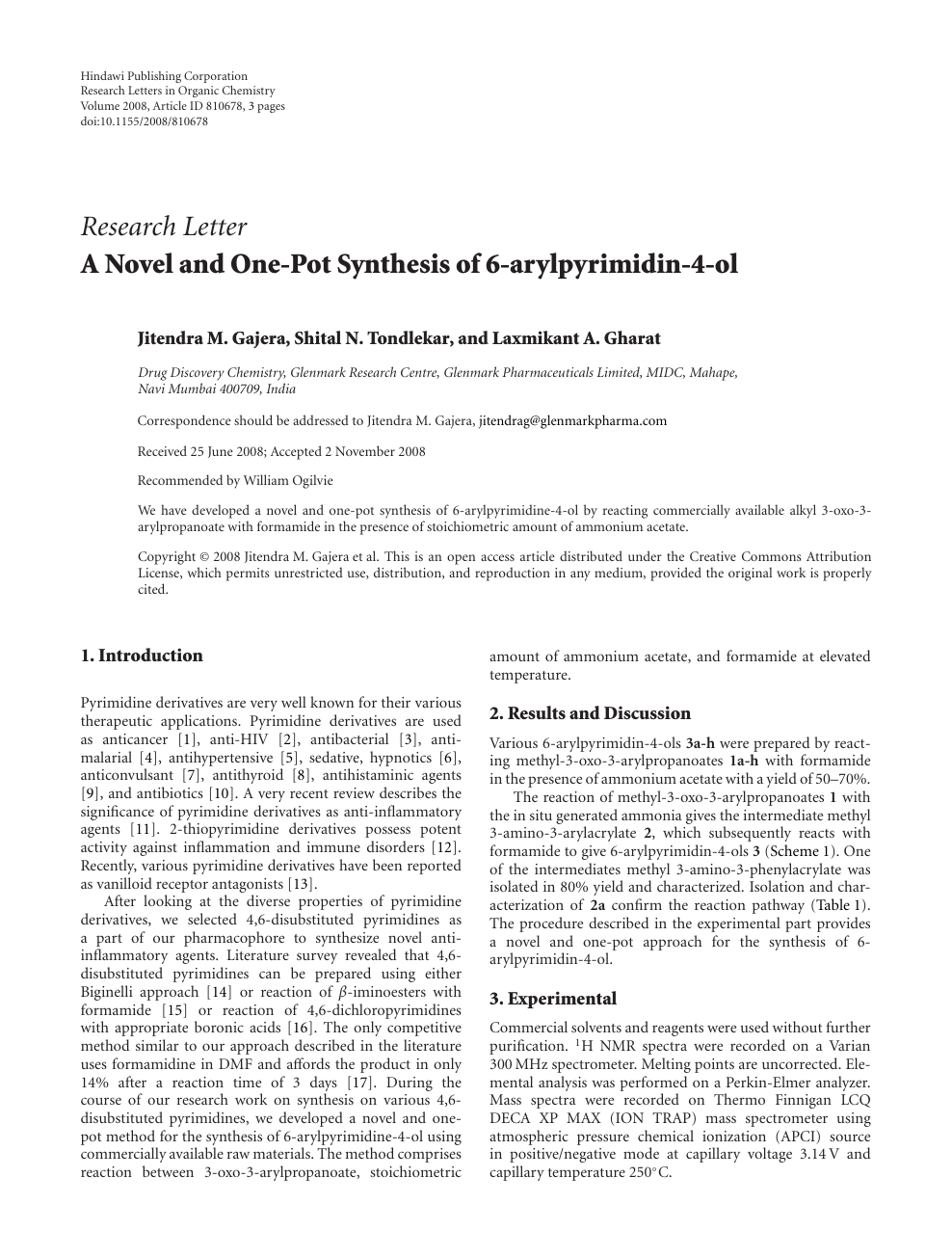 A Novel And One Pot Synthesis Of 6 Arylpyrimidin 4 Ol Topic Of Research Paper In Chemical Sciences Download Scholarly Article Pdf And Read For Free On Cyberleninka Open Science Hub