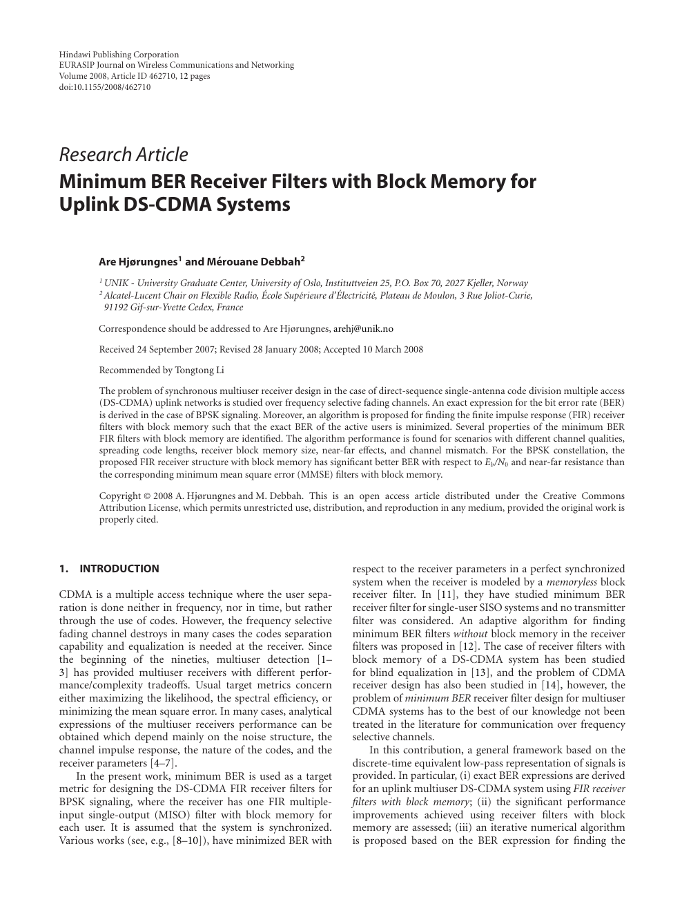 Minimum Ber Receiver Filters With Block Memory For Uplink Ds Cdma Systems Topic Of Research Paper In Electrical Engineering Electronic Engineering Information Engineering Download Scholarly Article Pdf And Read For Free On