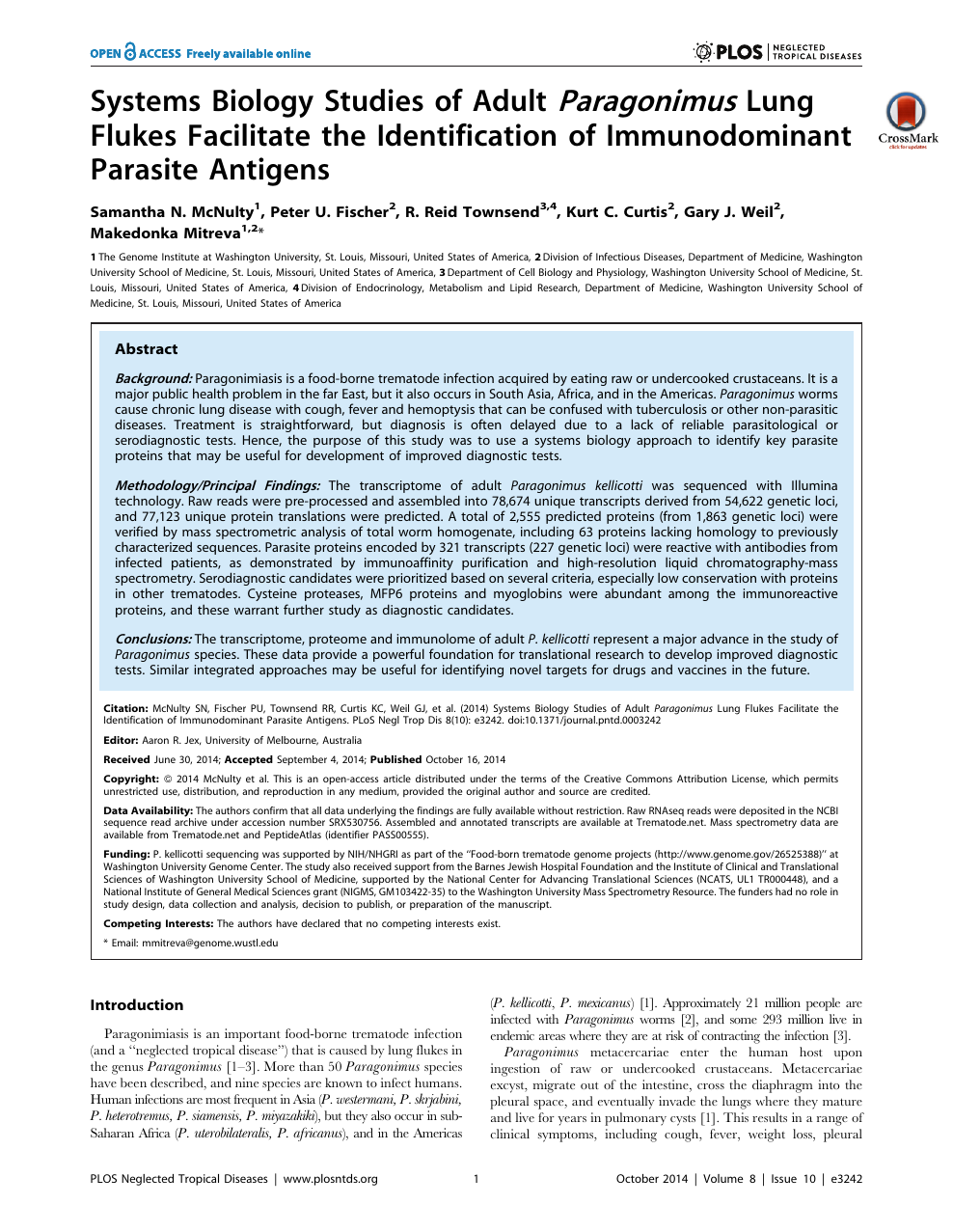 Systems Biology Studies Of Adult Paragonimus Lung Flukes Facilitate The Identification Of Immunodominant Parasite Antigens Topic Of Research Paper In Biological Sciences Download Scholarly Article Pdf And Read For Free On