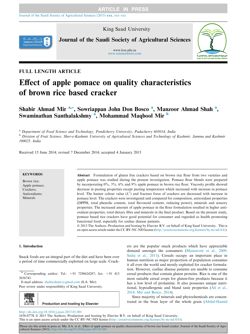 Effect Of Apple Pomace On Quality Characteristics Of Brown Rice Based Cracker Topic Of Research Paper In Agriculture Forestry And Fisheries Download Scholarly Article Pdf And Read For Free On Cyberleninka