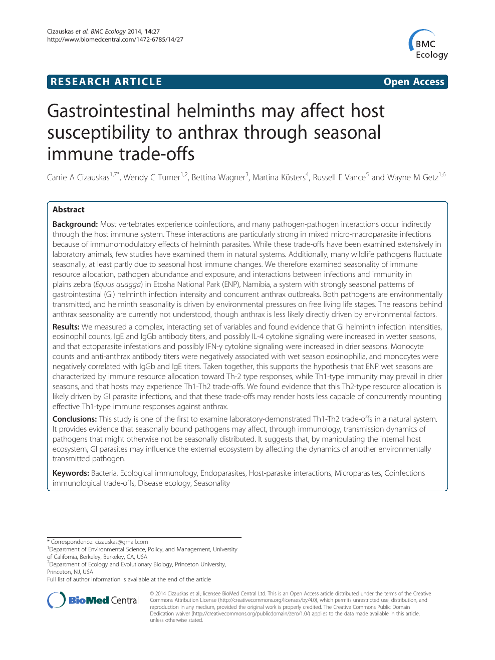 Gastrointestinal Helminths May Affect Host Susceptibility To Anthrax Through Seasonal Immune Trade Offs Topic Of Research Paper In Biological Sciences Download Scholarly Article Pdf And Read For Free On Cyberleninka Open Science