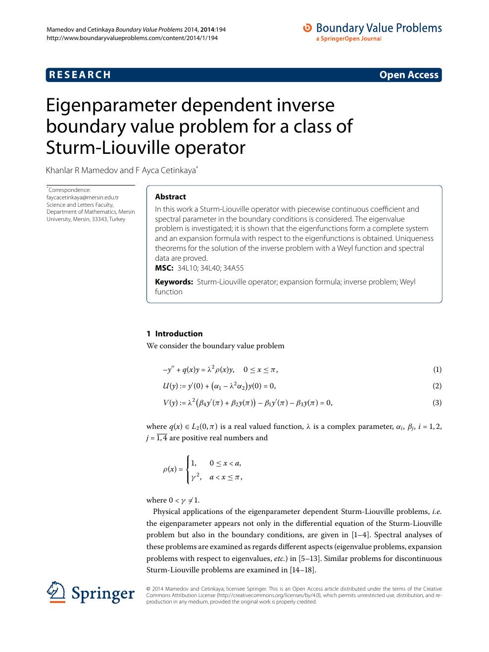 Eigenparameter Dependent Inverse Boundary Value Problem For A Class Of Sturm Liouville Operator Topic Of Research Paper In Mathematics Download Scholarly Article Pdf And Read For Free On Cyberleninka Open Science Hub