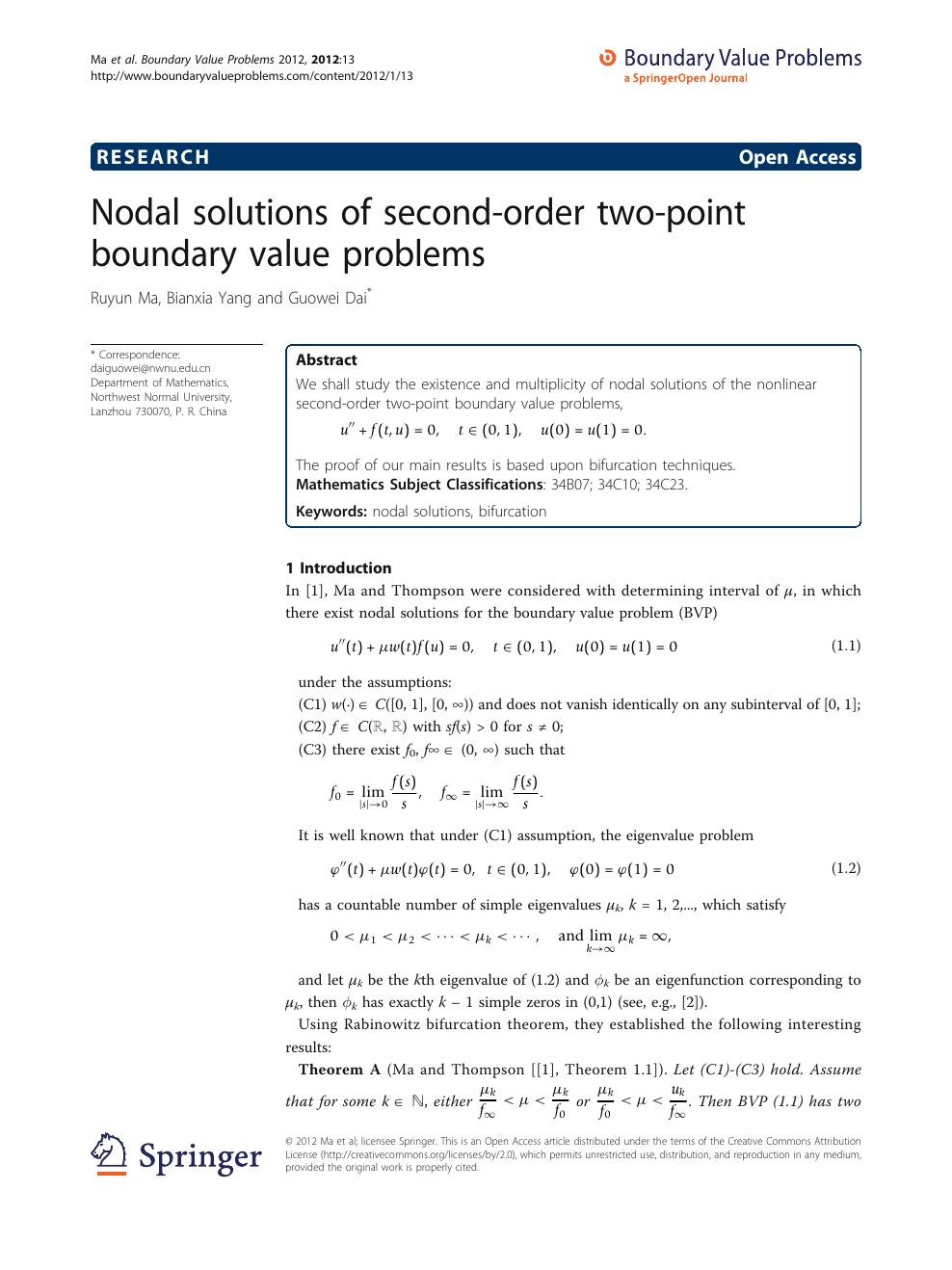 Nodal Solutions Of Second Order Two Point Boundary Value Problems Topic Of Research Paper In Mathematics Download Scholarly Article Pdf And Read For Free On Cyberleninka Open Science Hub