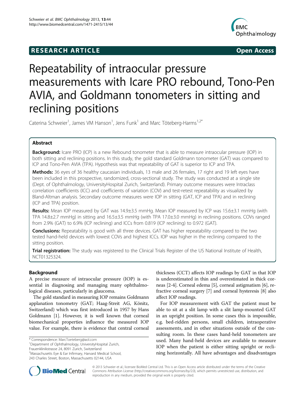 Repeatability Of Intraocular Pressure Measurements With Icare Pro Rebound Tono Pen Avia And Goldmann Tonometers In Sitting And Reclining Positions Topic Of Research Paper In Clinical Medicine Download Scholarly Article Pdf And