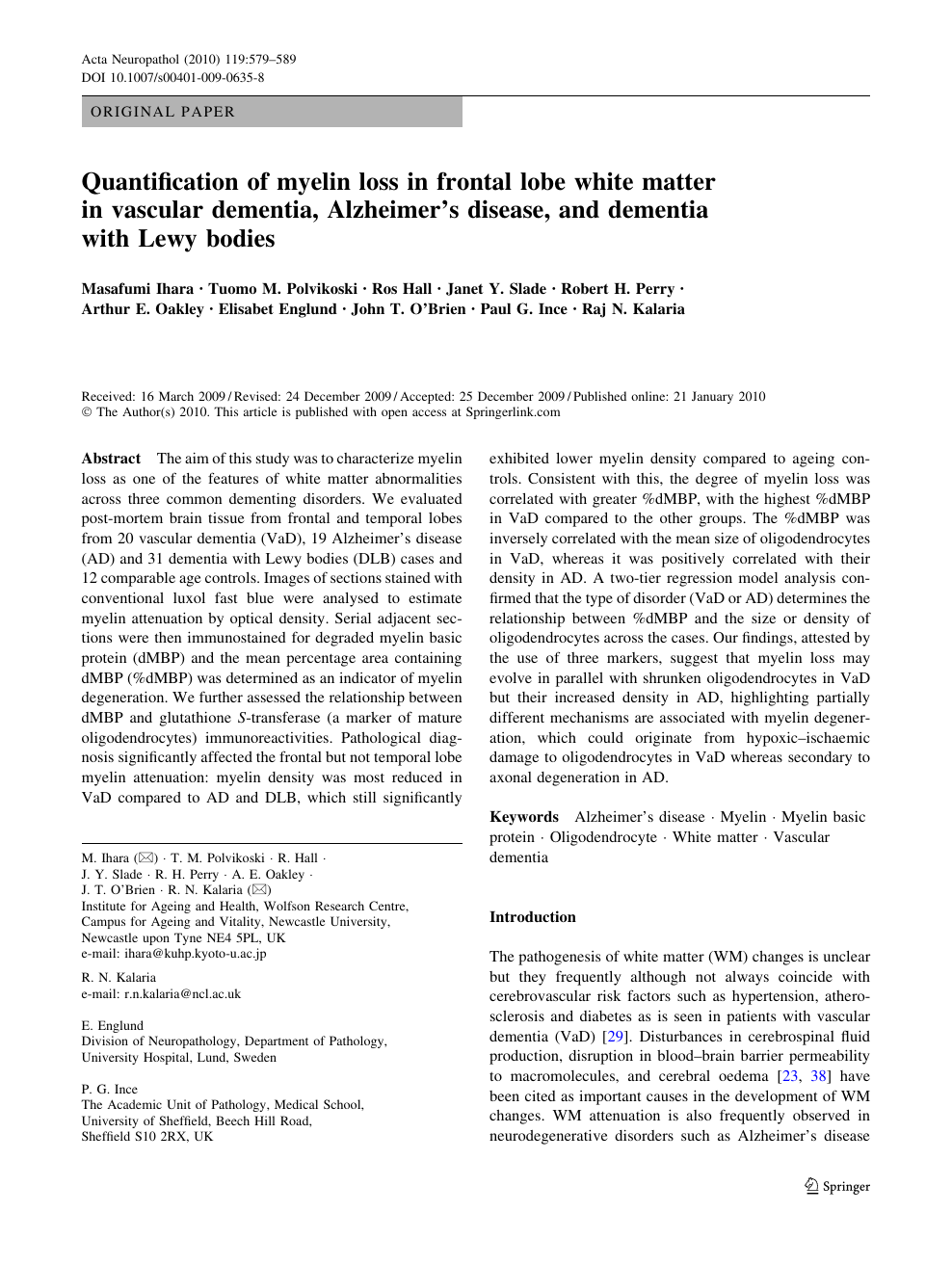 Quantification Of Myelin Loss In Frontal Lobe White Matter In Vascular Dementia Alzheimer S Disease And Dementia With Lewy Bodies Topic Of Research Paper In Clinical Medicine Download Scholarly Article Pdf And