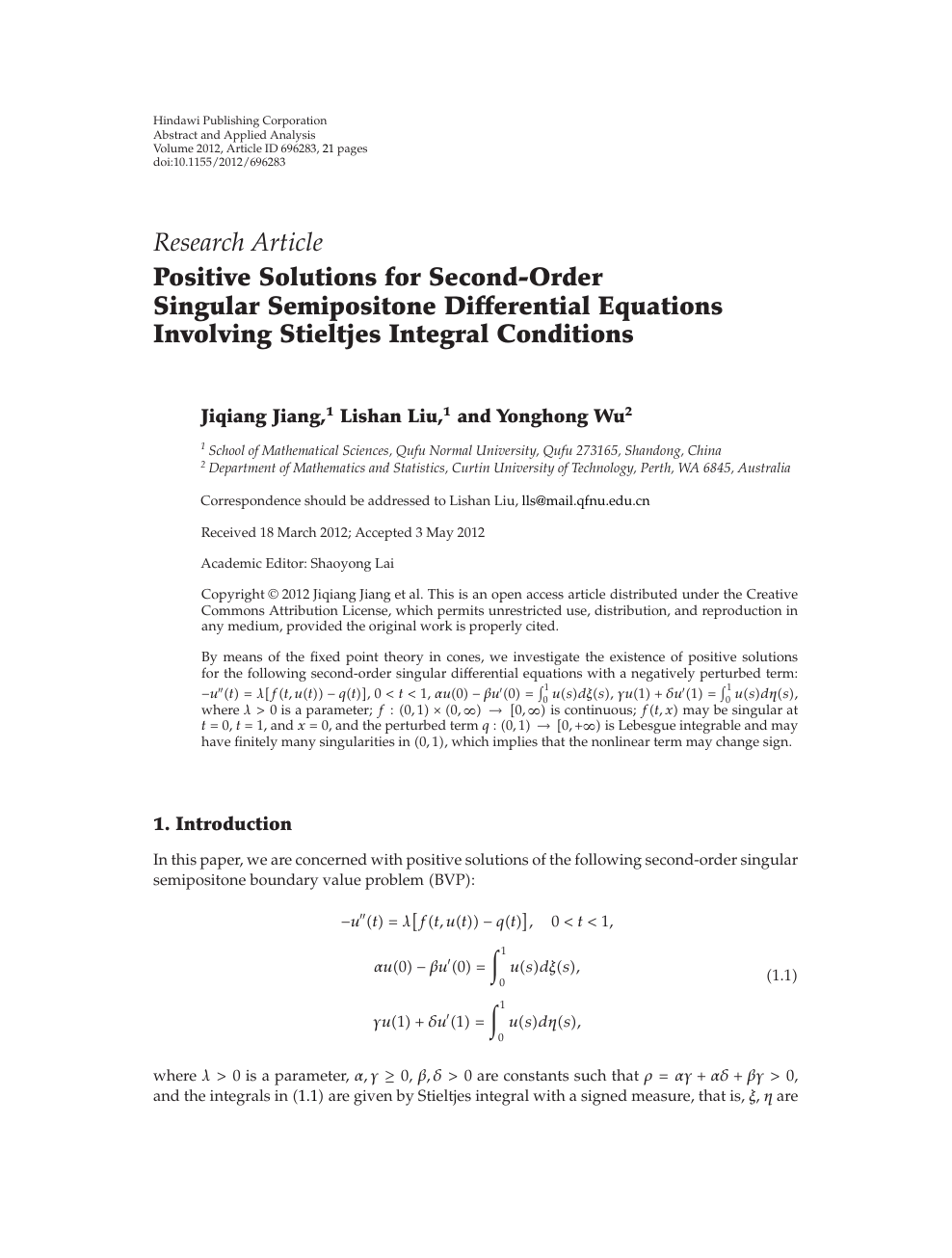 Positive Solutions For Second Order Singular Semipositone Differential Equations Involving Stieltjes Integral Conditions Topic Of Research Paper In Mathematics Download Scholarly Article Pdf And Read For Free On Cyberleninka Open Science Hub