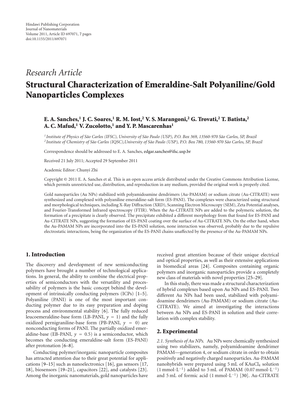 Structural Characterization Of Emeraldine Salt Polyaniline Gold Nanoparticles Complexes Topic Of Research Paper In Nano Technology Download Scholarly Article Pdf And Read For Free On Cyberleninka Open Science Hub