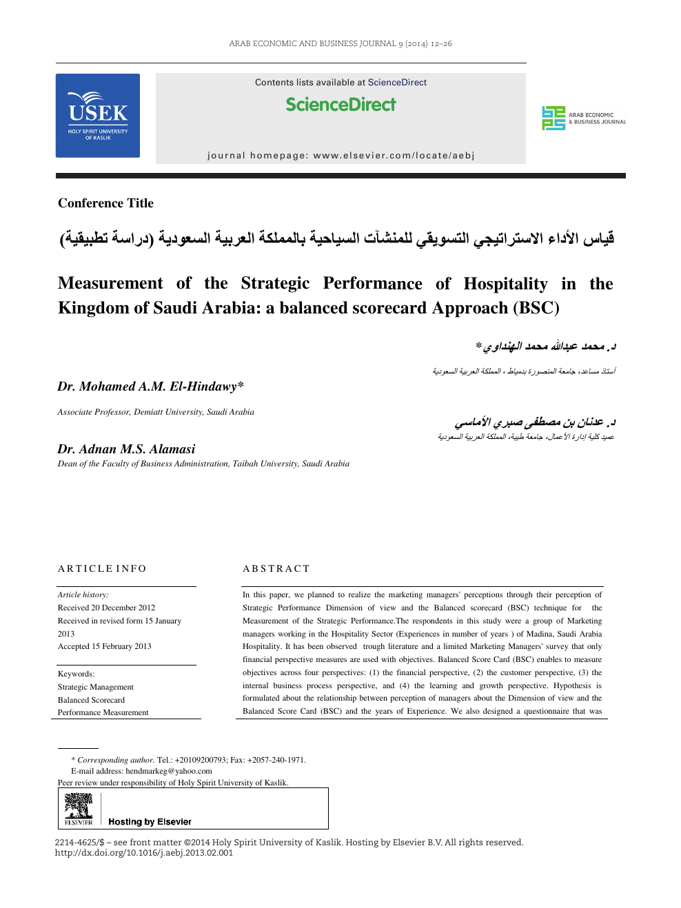 Measurement Of The Strategic Performance Of Hospitality In The Kingdom Of Saudi Arabia A Balanced Scorecard Approach Bsc Topic Of Research Paper In Economics And Business Download Scholarly Article Pdf And
