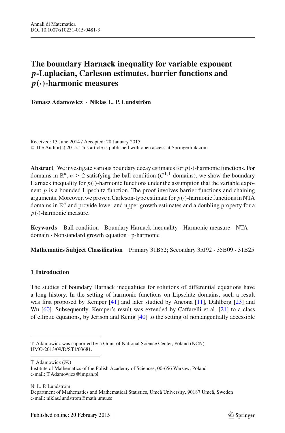 The Boundary Harnack Inequality For Variable Exponent P P Laplacian Carleson Estimates Barrier Functions And P Cdot P Harmonic Measures Topic Of Research Paper In Mathematics Download Scholarly
