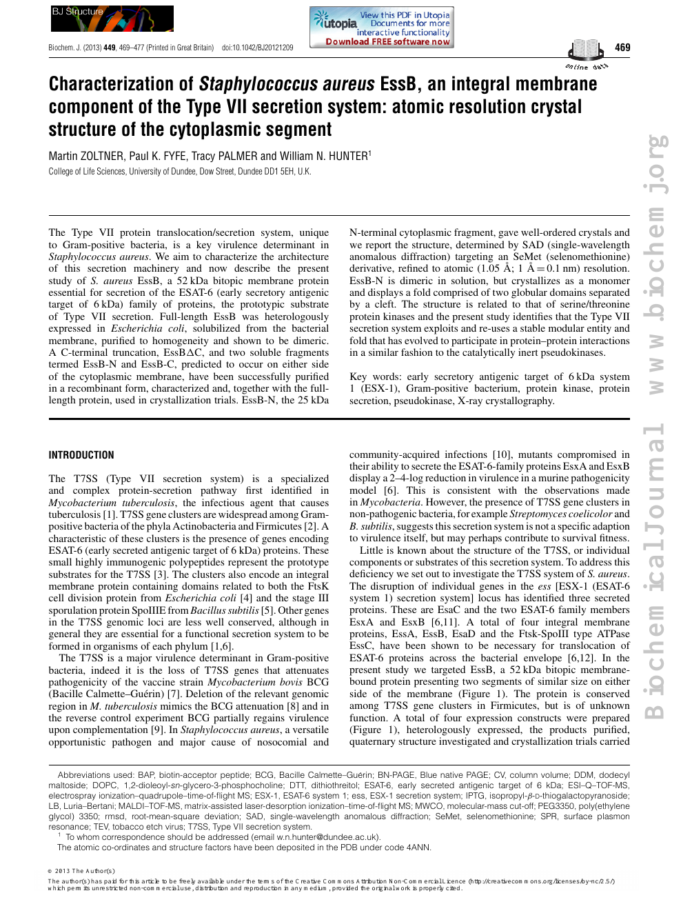 Characterization Of Staphylococcus Aureus Essb An Integral Membrane Component Of The Type Vii Secretion System Atomic Resolution Crystal Structure Of The Cytoplasmic Segment Topic Of Research Paper In Biological Sciences Download