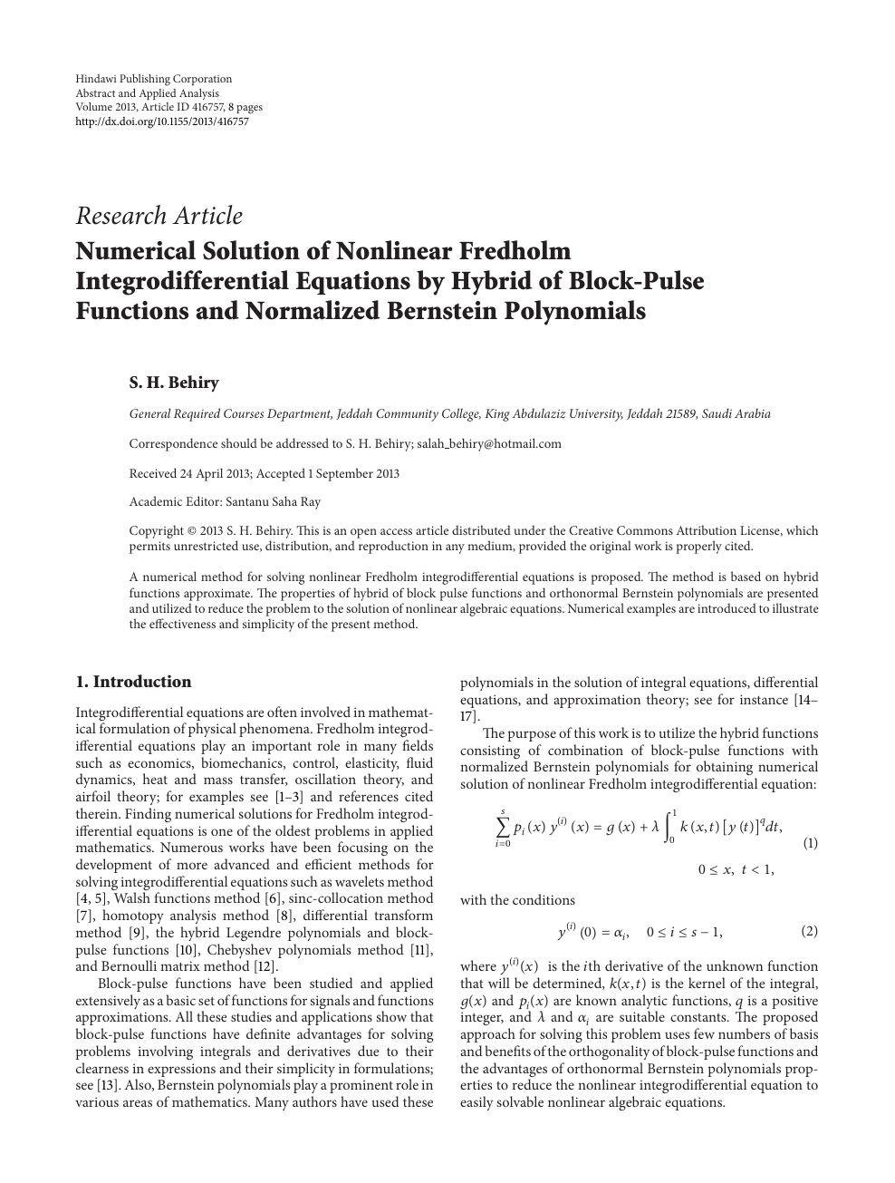 Numerical Solution Of Nonlinear Fredholm Integrodifferential Equations By Hybrid Of Block Pulse Functions And Normalized Bernstein Polynomials Topic Of Research Paper In Mathematics Download Scholarly Article Pdf And Read For Free On