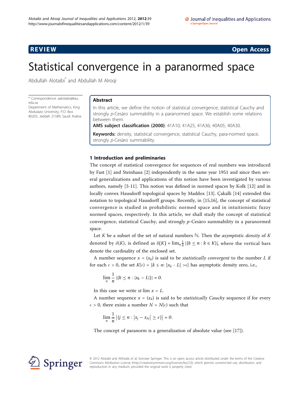 Statistical Convergence In A Paranormed Space Topic Of Research Paper In Mathematics Download Scholarly Article Pdf And Read For Free On Cyberleninka Open Science Hub