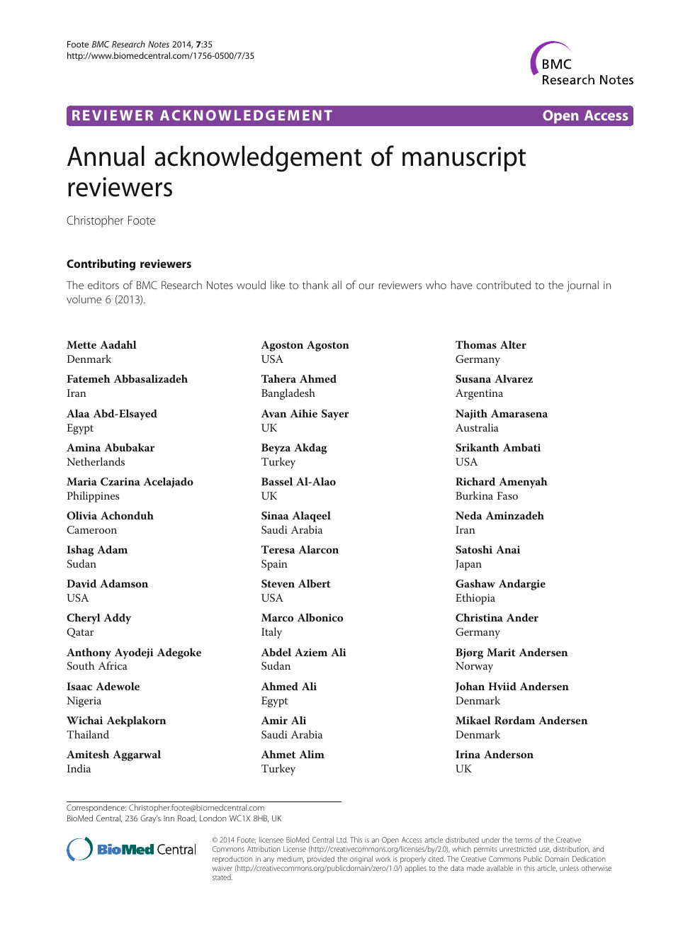Reviewer acknowledgement 2013 – topic of research paper in Biological  sciences. Download scholarly article PDF and read for free on CyberLeninka  open science hub.