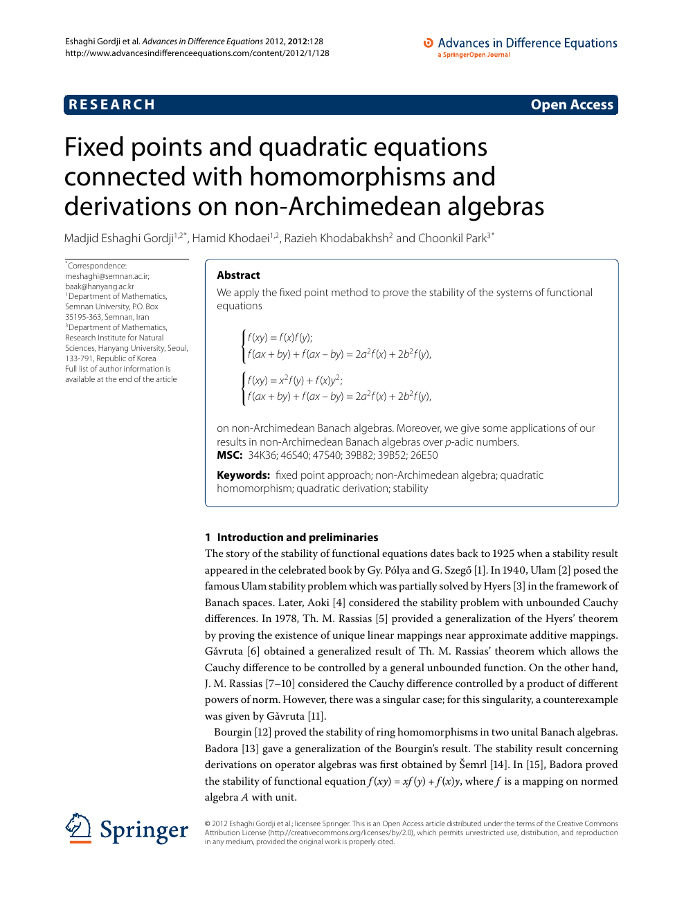 Fixed Points And Quadratic Equations Connected With Homomorphisms And Derivations On Non Archimedean Algebras Topic Of Research Paper In Mathematics Download Scholarly Article Pdf And Read For Free On Cyberleninka Open Science