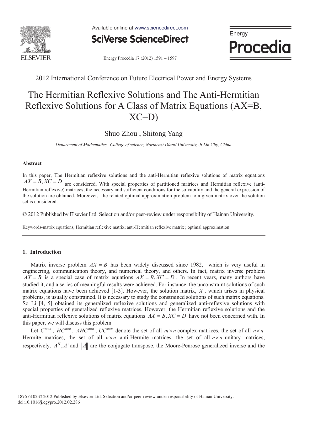 The Hermitian Reflexive Solutions And The Anti Hermitian Reflexive Solutions For A Class Of Matrix Equations Ax B Xc D Topic Of Research Paper In Mathematics Download Scholarly Article Pdf And Read For Free