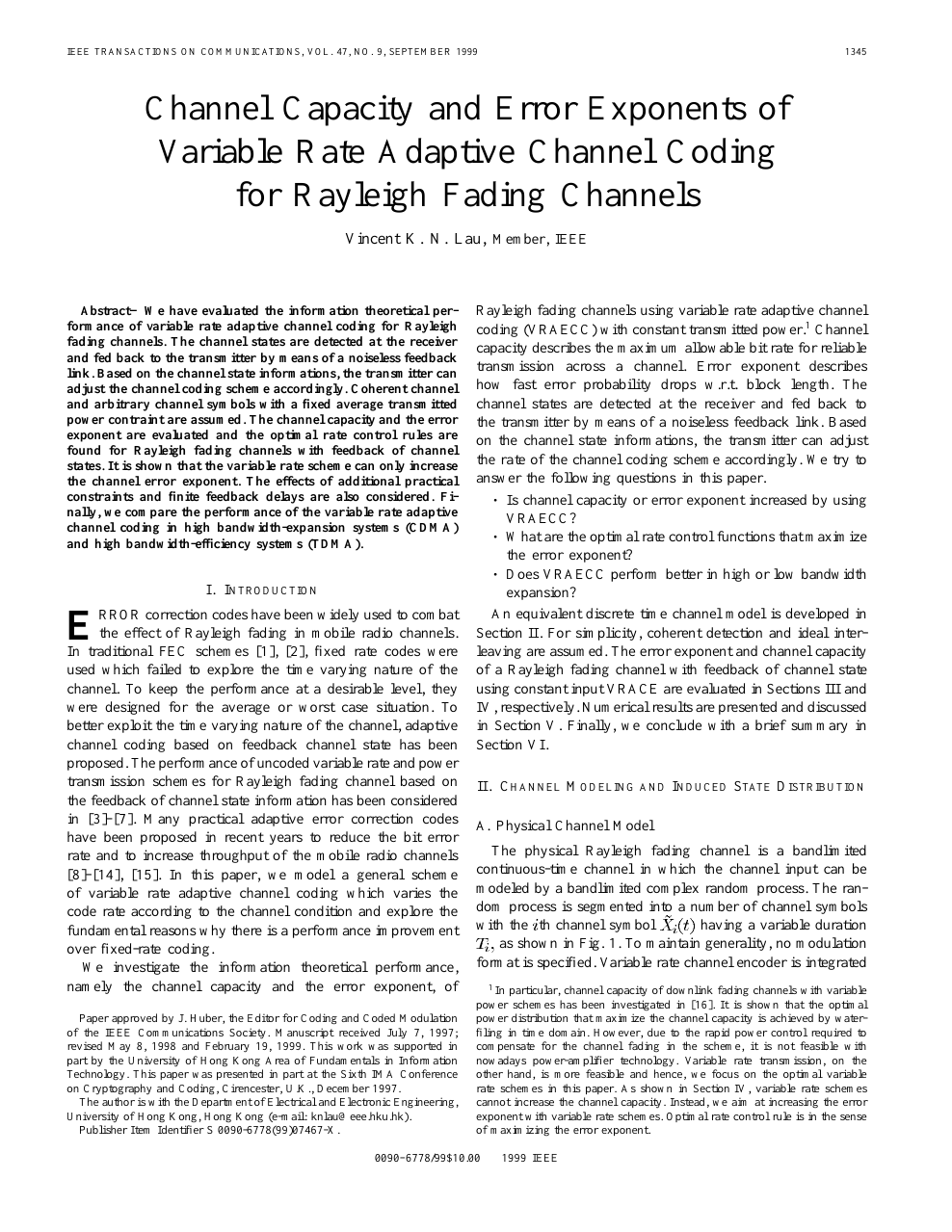 Channel Capacity And Error Exponents Of Variable Rate Adaptive Channel Coding For Rayleigh Fading Channels Topic Of Research Paper In Computer And Information Sciences Download Scholarly Article Pdf And Read For