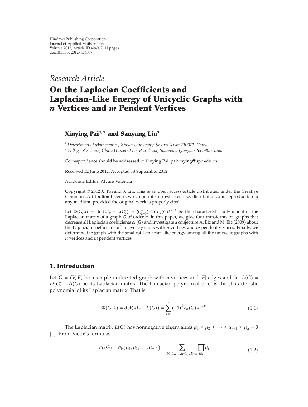 On The Laplacian Coefficients And Laplacian Like Energy Of Unicyclic Graphs With N Vertices And M Pendent Vertices Topic Of Research Paper In Mathematics Download Scholarly Article Pdf And Read For Free