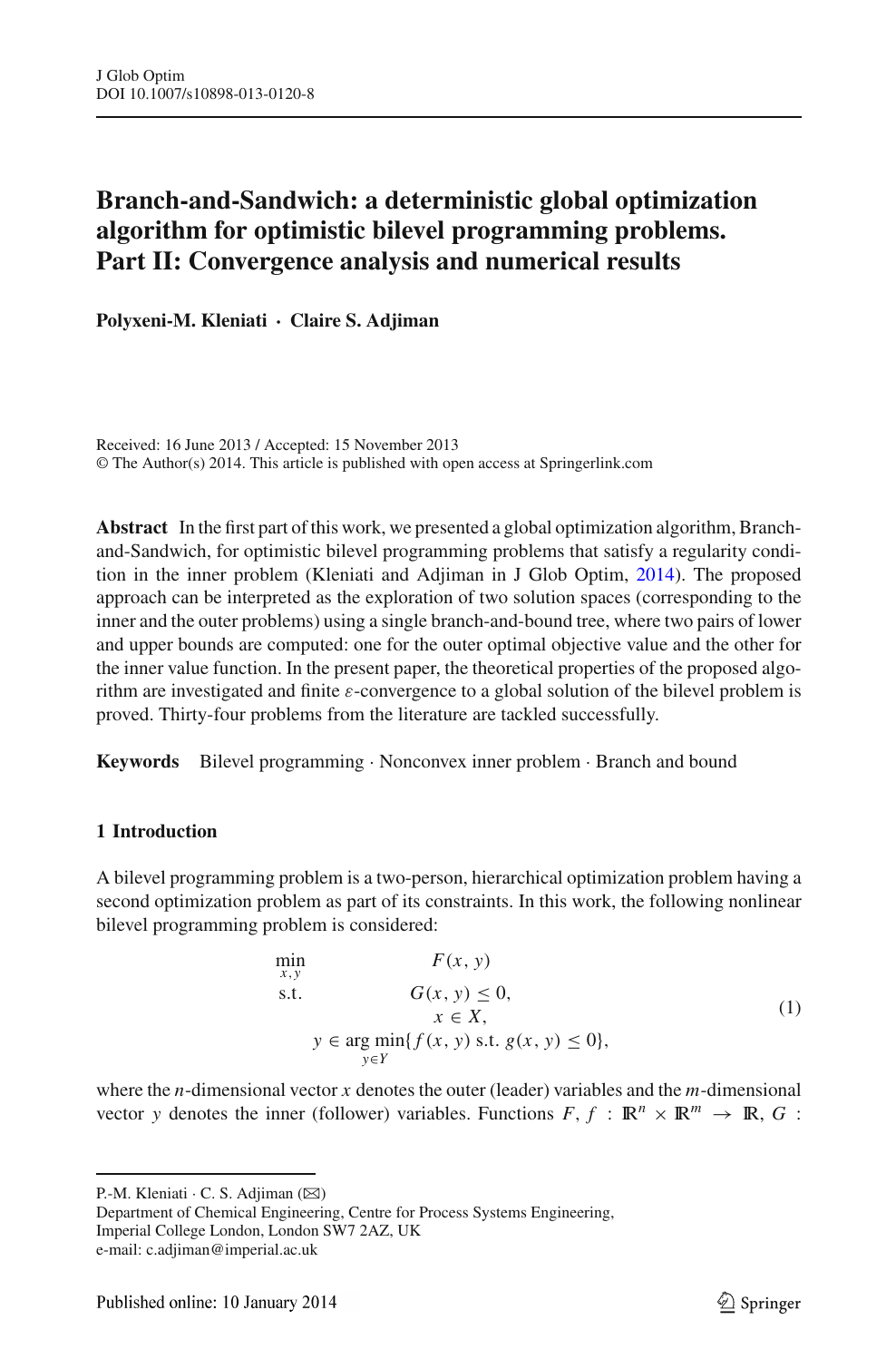 Branch And Sandwich A Deterministic Global Optimization Algorithm For Optimistic Bilevel Programming Problems Part Ii Convergence Analysis And Numerical Results Topic Of Research Paper In Computer And Information Sciences Download Scholarly