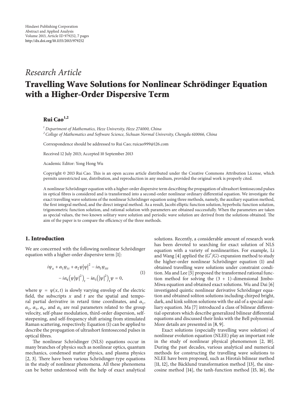 Travelling Wave Solutions For Nonlinear Schrodinger Equation With A Higher Order Dispersive Term Topic Of Research Paper In Mathematics Download Scholarly Article Pdf And Read For Free On Cyberleninka Open Science Hub