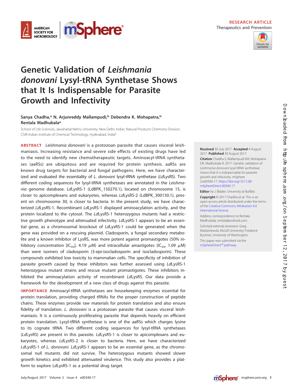 Genetic Validation Of Leishmania Donovani Lysyl Trna Synthetase Shows That It Is Indispensable For Parasite Growth And Infectivity Topic Of Research Paper In Biological Sciences Download Scholarly Article Pdf And Read For