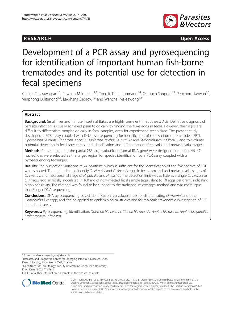 Development Of A Pcr Assay And Pyrosequencing For Identification Of Important Human Fish Borne Trematodes And Its Potential Use For Detection In Fecal Specimens Topic Of Research Paper In Veterinary Science Download
