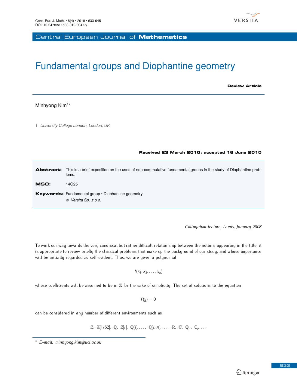Fundamental Groups And Diophantine Geometry Topic Of Research Paper In Physical Sciences Download Scholarly Article Pdf And Read For Free On Cyberleninka Open Science Hub