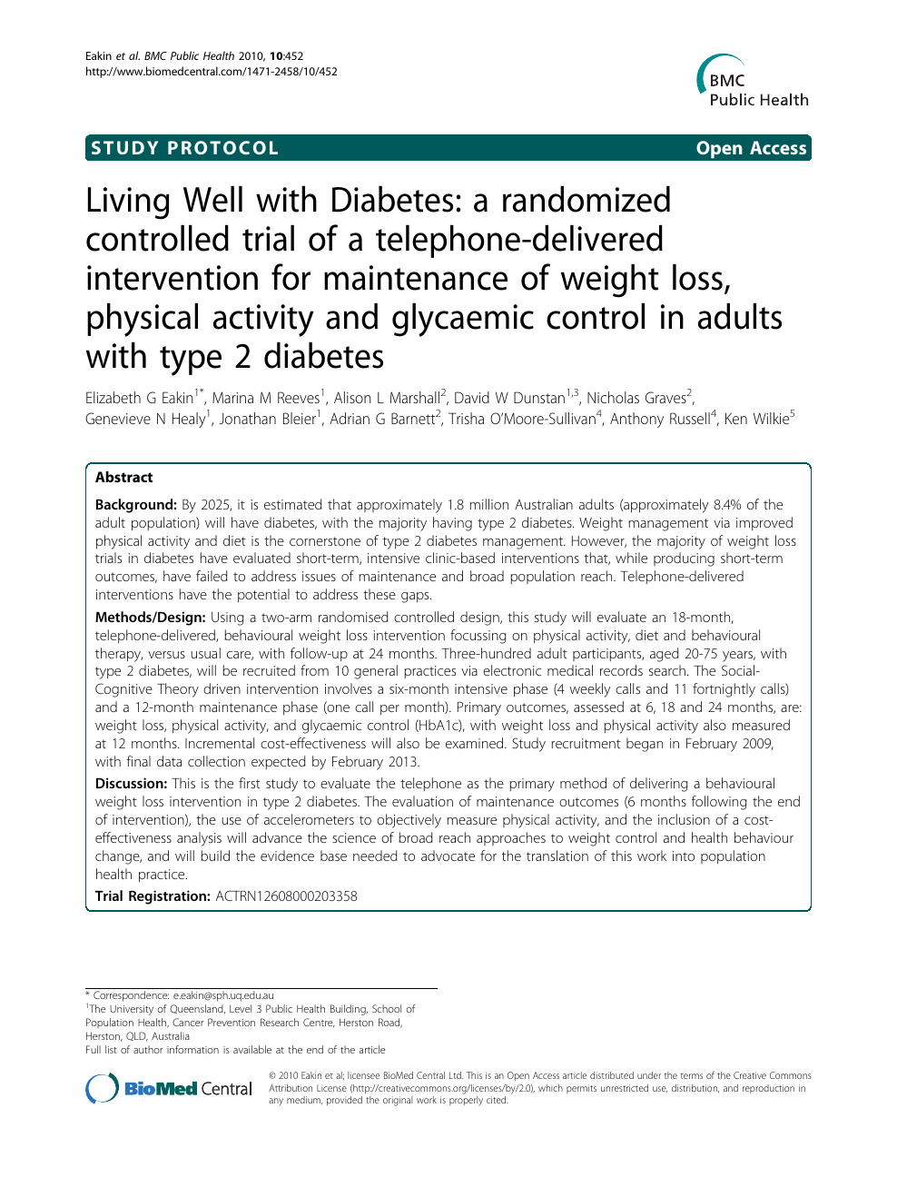 Living Well With Diabetes A Randomized Controlled Trial Of A Telephone Delivered Intervention For Maintenance Of Weight Loss Physical Activity And Glycaemic Control In Adults With Type 2 Diabetes Topic Of Research