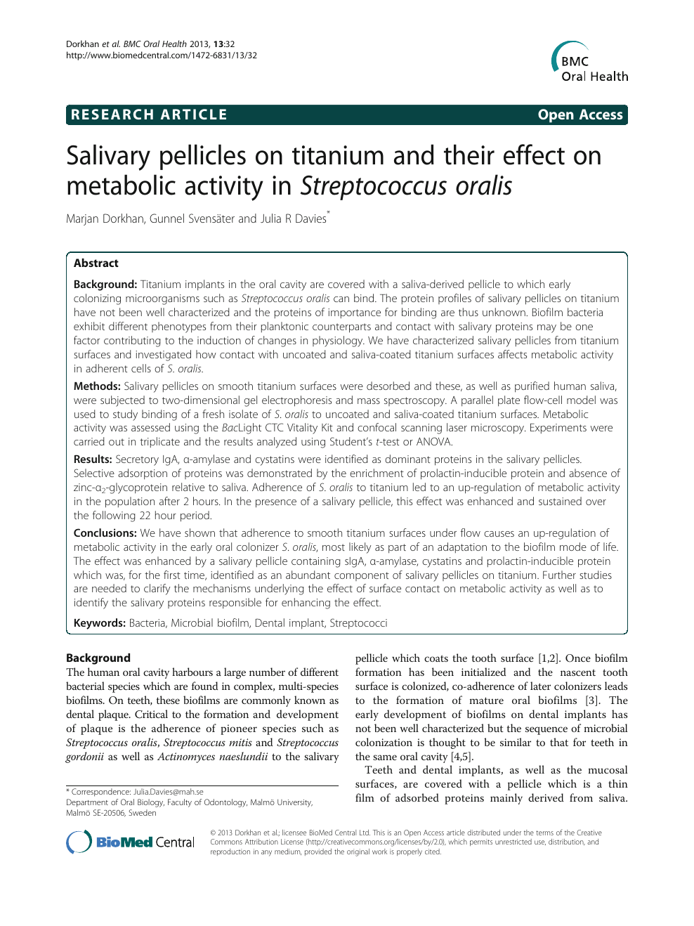 Salivary Pellicles On Titanium And Their Effect On Metabolic