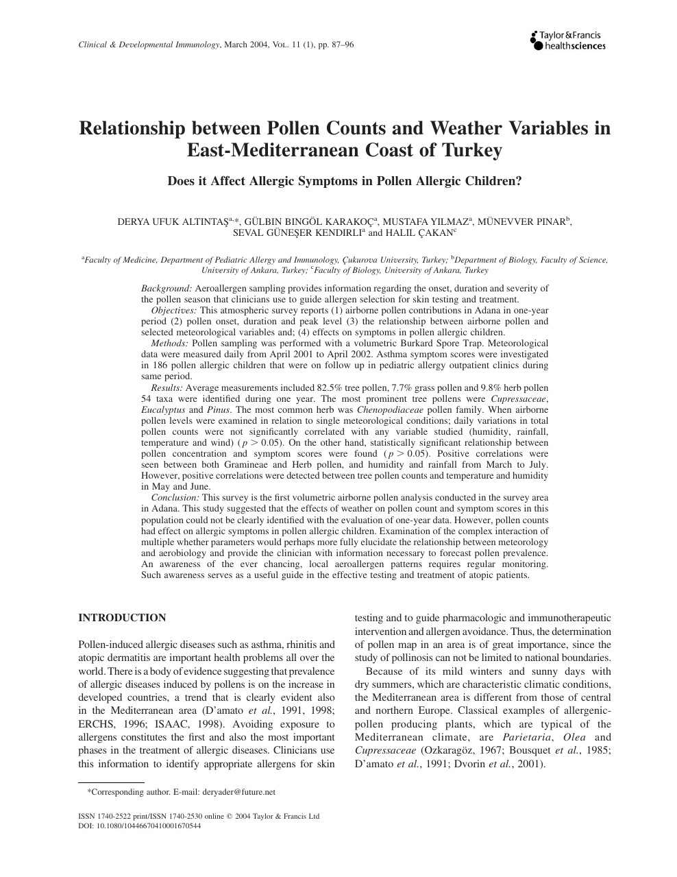 Relationship Between Pollen Counts And Weather Variables In East Mediterranean Coast Of Turkey Topic Of Research Paper In Clinical Medicine Download Scholarly Article Pdf And Read For Free On Cyberleninka Open Science