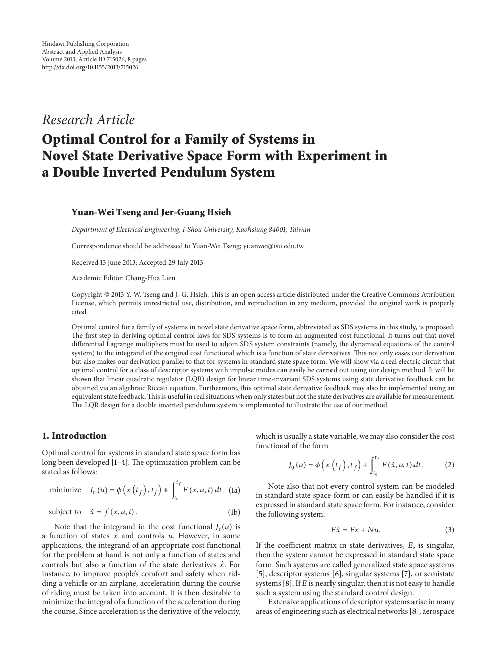 Optimal Control For A Family Of Systems In Novel State Derivative Space Form With Experiment In A Double Inverted Pendulum System Topic Of Research Paper In Mathematics Download Scholarly Article Pdf