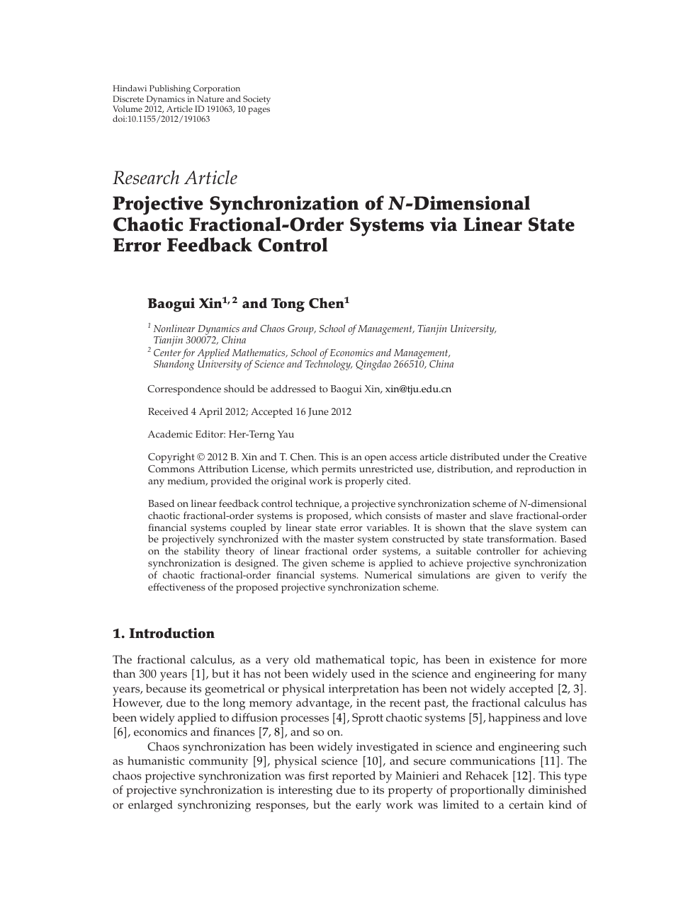Projective Synchronization Of N Dimensional Chaotic Fractional Order Systems Via Linear State Error Feedback Control Topic Of Research Paper In Mathematics Download Scholarly Article Pdf And Read For Free On Cyberleninka Open