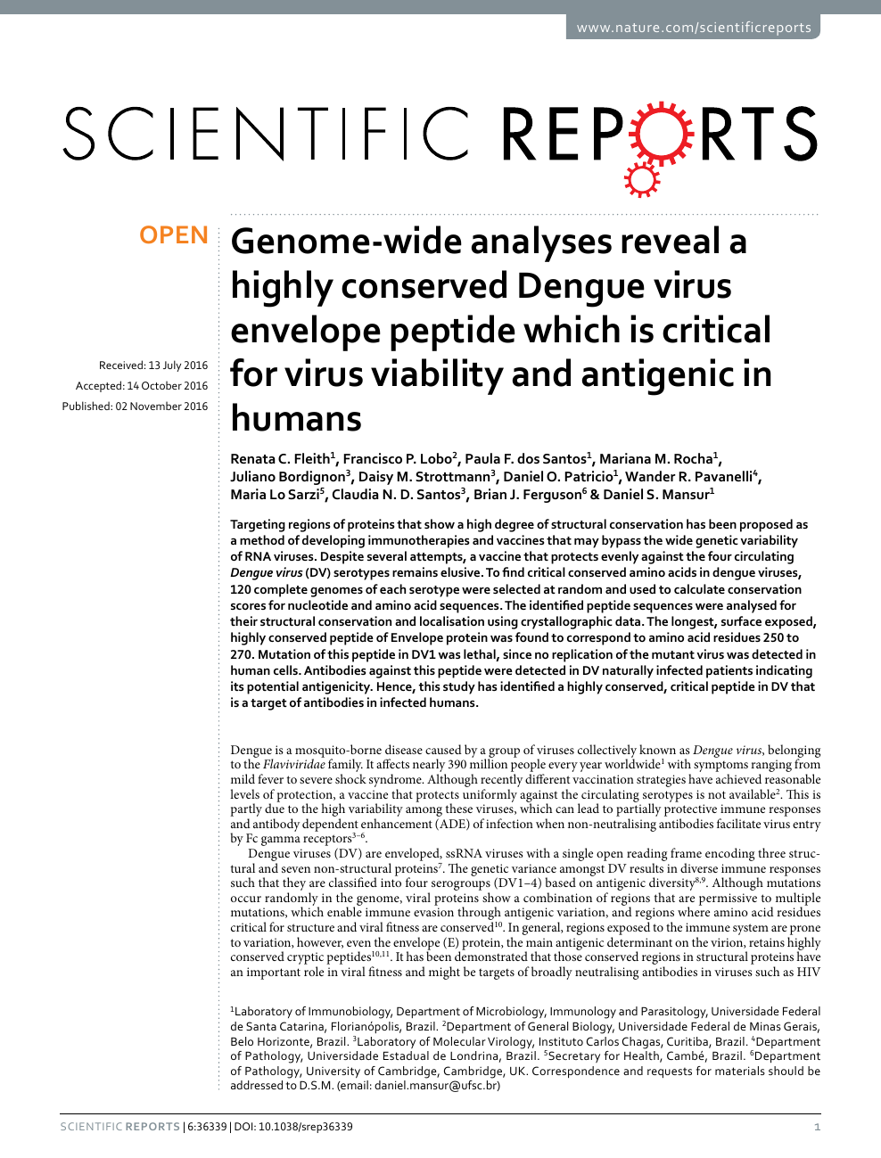 Genome Wide Analyses Reveal A Highly Conserved Dengue Virus Envelope Peptide Which Is Critical For Virus Viability And Antigenic In Humans Topic Of Research Paper In Biological Sciences Download Scholarly Article Pdf